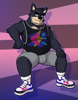 abstract_background anthro black_body black_clothing black_shirt black_tank_top black_topwear bottomwear clothing confident eyebrows footwear grey_bottomwear grey_clothing grey_shorts leaning male outline overweight shirt shoes shorts sitting smile smirk sneakers solo spread_legs spreading tank_top thick_eyebrows topwear visible_underwear white_clothing white_footwear white_shoes white_sneakers archth joel_(eddicus) canid canine canis domestic_dog husky mammal nordic_sled_dog spitz absurd_res cel_shading hi_res shaded