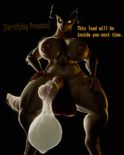 animal_genitalia animal_penis anthro balls black_background bodily_fluids breasts claws condom cum dark_lighting dialogue dim_lighting equine_genitalia equine_penis excessive_cum excessive_genital_fluids filled_condom genital_fluids genitals gynomorph horn intersex intimidation looking_at_viewer nude penis sexual_barrier_device simple_background solo standing tail talking_to_viewer text potatotime vulgarvictor_(modeler) fallout microsoft mommyclaw_(vulgarvictor) deathclaw scalie 3d_(artwork) 4:5 absurd_res blender_(artwork) digital_media_(artwork) english_text hi_res watermark