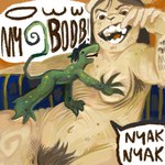 anthro arm_hair armpit_hair belly body_hair breasts brown_body brown_text curled_tail dialogue duo exclamation_point eyes_closed female green_body green_hair hair macro micro navel nude pubes smile speech_bubble tail text rexalogy felid lion mammal pantherine scalie