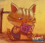 anthro biped book chibi clothed clothing pink_nose reading sitting solo text you_miichi nairi:_tower_of_shirin nairi_(series) riyad_(nairi) domestic_cat felid feline felis mammal 2017 english_text official_art