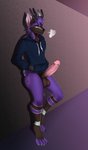 anthro antlers balls big_penis bored bottomless brown_body brown_fur clothed clothing erection fur genitals hand_in_pocket hands_in_both_pockets hoodie horn humanoid_genitalia humanoid_penis leaning_on_wall male partially_clothed penis pockets purple_body purple_fur solo standing topwear yellow_eyes larkinc ping_(superpingmc) canid canine canis deer domestic_dog hybrid mammal hi_res