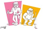 anthro barefoot biceps clothing duo feet fingers golf golf_ball golf_club hand_on_hip hat headgear headwear long_tail male mane mature_anthro mature_male muscular muscular_anthro muscular_male sharp_teeth simple_background smile sport standing tail teeth toes doritohead brent_abbott duilio_costello felid hyena lion mammal pantherine spotted_hyena 2018 3:2 artist_name hi_res monochrome signature sketch