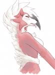 2018 anthro biped black_hair black_nose blush breasts canid canine digital_media_(artwork) female fur generation_7_pokemon hair half-length_portrait hi_res looking_at_viewer lycanroc mammal midnight_lycanroc multicolored_body multicolored_fur multicolored_hair nintendo nude open_mouth pink_tongue pokemon pokemon_(species) portrait red_body red_eyes red_fur side_boob side_view simple_background solo tongue tongue_out two_tone_body two_tone_fur two_tone_hair white_background white_body white_fur white_hair xan_(pixiv)