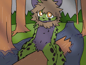 brown_hair butt fur green_body hair kemono male markings orange_eyes purple_body purple_fur solo spots spotted_body spotted_fur young ikelos4444 changed_(video_game) felid goo_creature leopard mammal pantherine