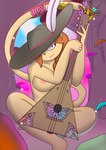 accessory anthro balalaika bard bedroom_eyes clothing crossed_legs crosslegged_pose eyeliner feathers female fungus furgonomics hair hat headgear headwear long_tail makeup mushroom musical_instrument narrowed_eyes nipples nude orange_hair pink_eyes plucked_string_instrument seductive solo string_instrument tail tail_accessory graycatluna dungeons_and_dragons hasbro wizards_of_the_coast felid feline mammal tabaxi hi_res