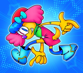 ambiguous_gender anthro blue_background blue_bow blue_clothing blue_eyes blue_footwear blue_hair blue_socks braces clothing dress footwear freckles fur green_scarf hair hat headgear headwear pink_clothing pink_dress pink_eyes pink_hair purple_nose red_clothing red_hat red_headwear scarf simple_background socks solo star yellow_body yellow_fur mayhemtown 4lung canid canine mammal absurd_res hi_res
