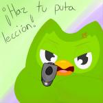 ambiguous_gender angry dialogue feral gun looking_at_viewer mascot profanity ranged_weapon semi-anthro solo text weapon xurora duolingo duo_(duolingo) avian bird owl 1:1 2019 meme spanish_text translated