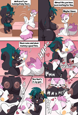 accessory age_difference anthro anus areola bed big_areola big_breasts big_butt big_tail biped black_nose bodily_fluids breasts buckteeth butt chest_tuft dialogue digitigrade duo eye_contact eyebrows eyes_closed female female/female flower flower_in_hair fur furniture genitals hair hair_accessory half-closed_eyes heart_symbol humanoid_genitalia humanoid_vulva inside kissing licking looking_at_another looking_at_partner mature_female narrowed_eyes nipple_fetish nipple_lick nipple_play nipples nude older_female on_bed open_mouth pink_hair pink_nose plant rosy_cheeks saliva saliva_on_tongue short_hair sitting sitting_on_bed speech_bubble spiked_tail spikes spikes_(anatomy) tail teeth text tongue tongue_out tuft vulva white_body white_fur younger_female fuf nintendo pokemon shiny_(petokikka) tack's_mom_(petokikka) generation_4_pokemon pachirisu pokemon_(species) 2026 absurd_res comic english_text hi_res