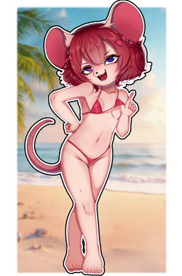 anthro areola beach ben_day_dots big_ears bikini bikini_lift biped black_nose blurred_background breasts buckteeth camel_toe clothing feet female genitals gesture hair hand_gesture hand_on_hip heterochromia looking_up mouse_tail navel nipples open_mouth open_smile palm_tree pink_bikini pink_body pink_bow pink_breasts pink_clothing pink_ears pink_eyes pink_hands pink_inner_ear pink_nipples pink_swimwear pink_tail pink_toes plant pointing pointing_up presenting presenting_breasts purple_eyes red_hair red_tongue rodent_ears rodent_tail short_hair skimpy_bikini sky small_breasts smile smug smug_face solo swimwear tail teeth text toes tongue tree two-piece_swimsuit vulva water wave young young_anthro young_female bimbo4ka mammal mouse murid murine rodent 2026 absurd_res colored digital_drawing_(artwork) digital_media_(artwork) english_text hi_res