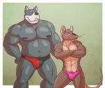 abs anthro biceps big_muscles blush bulge clothed clothing crossed_arms duo ear_piercing fur male musclegut muscular muscular_male nipples pecs piercing pink_clothing slightly_chubby speedo swimwear topless clamcrusher hound_(character) tiptoe_(character) canid canine canis domestic_dog great_dane mammal mastiff molosser mouse murid murine rodent 2013