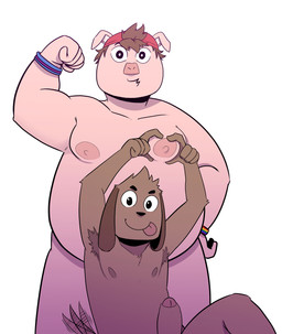 anthro armpit_hair arms_above_head around_nipple blep body_hair bracelet brown_body brown_fur duo erection flexing flexing_bicep foreskin front_view fur genitals hand_on_hip humanoid_genitalia humanoid_penis jewelry male male/male nipples overweight overweight_male penis pink_body pride_color_accessory tail tail_motion tailwag tongue tongue_out t0l0k octavio_(t0l0k) roy_(t0l0k) canid canine canis domestic_dog domestic_pig mammal suid suine sus_(pig) absurd_res digital_media_(artwork) hi_res