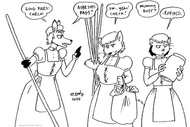 anthro bag breasts clothed clothed_female clothing container dress female fingers group headgear headwear hooved_fingers hooves jar tail trio whiskers tegerio canid canine deer domestic_cat felid feline felis fox mammal 2024 black_and_white monochrome
