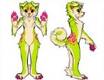 ambiguous_gender anthro arm_tuft chest_tuft fur green_body green_fur looking_at_viewer open_mouth pink_body pink_eyes pink_fur pink_nose simple_background smile solo sparklefur tail tongue tongue_out tuft white_body white_fur wrist_tuft yellow_sclera falvie falvie_(character) canid canine canis fionbri mammal 2019 digital_media_(artwork)