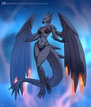 anthro bikini black_bikini black_clothing black_swimwear blue_eyes breasts clothing eyebrows feet female grey_body horn navel solo swimwear two-piece_swimsuit wings alanscampos capcom monster_hunter mythology dragon mythological_creature mythological_scalie scalie valstrax 2025 hi_res