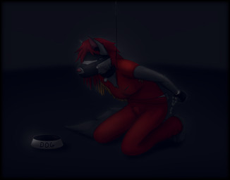 ankle_cuffs anthro black_border blindfold border bound bowl bulge chain chained clothing collar container cuff_(restraint) earplugs gynomorph handcuffed handcuffs handwear highlights_(coloring) intersex kneeling leash leashed_collar lock metal_cuffs mittens muzzle_(object) muzzled orange_clothing padlock pet_bowl prison_uniform prisoner restraints sensory_deprivation solo padlockedpadding canid canine canis mammal wolf trans_(lore) trans_woman_(lore)
