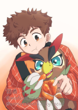 anthro beak blush brown_body brown_eyes brown_feathers brown_hair duo eating feathers feeding food fruit green_body hair hug male male/male plant tangerine_(fruit) mofumi_corvus bandai_namco digimon falcomon_(survive) minoru_hyuga digimon_(species) falcomon human mammal absurd_res hi_res