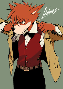 anthro belt black_nose bottomwear clothed clothing collared_shirt dress_shirt fur green_background hair jacket kemono male pants pipe_in_mouth putting_on_clothes putting_on_jacket red_body red_fur red_hair serious serious_face shirt simple_background smoking_pipe solo text topwear vest muramasa_mikado sherlock_hound_(series) sherlock_hound canid canine canis domestic_dog mammal character_name hi_res