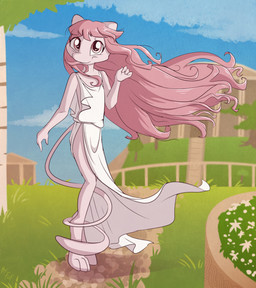 anthro biped closed_smile clothed clothing day digitigrade female front_view fur grass hair long_hair looking_at_viewer mouth_closed outside pink_body pink_eyes pink_fur pink_hair plant smile solo standing toga topwear tree white_clothing white_topwear windswept_hair young young_anthro young_female fuf nintendo pokemon generation_1_pokemon legendary_pokemon mew_(pokemon) pokemon_(species) 2018 hi_res