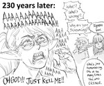 2021 5_fingers baalbuddy bangs blush blush_lines bodily_fluids clothing comic cringing crying dialogue elf emanata english_text eyewear female fingers glasses grey_background greyscale group hair hi_res humanoid humanoid_pointy_ears humor long_hair looking_at_another looking_up monochrome not_furry open_mouth pointy_ears ponytail raised_arm remembering round_glasses screaming short_hair simple_background speech_bubble sweat sweatdrop sweater tears teeth text tongue topwear trio turtleneck