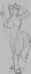 adjusting_hair anthro breasts chest_tuft digitigrade female fur hair looking_down navel nipples nude smile solo standing tail tuft wet law_(artist) regys_(carp) canid canine fox mammal 2023 absurd_res digital_media_(artwork) hi_res monochrome sketch