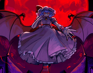 blue_hair bonnet bottomwear claws clothed clothed_female clothed_humanoid clothing colored_nails curly_hair female fingernails footwear full_moon fully_clothed fully_clothed_female fully_clothed_humanoid glowing glowing_eyes grin hair headgear headwear looking_at_viewer membrane_(anatomy) membranous_wings mobcap moon nails pink_bonnet pink_bottomwear pink_clothing pink_headwear pink_mobcap pink_shirt pink_skirt pink_topwear red_clothing red_eyes red_fingernails red_footwear red_moon red_nails red_shoes sharp_fingernails sharp_nails shirt shoes skirt smile solo spread_wings topwear wing_claws wings craftyyoukai touhou remilia_scarlet humanoid vampire winged_humanoid hi_res