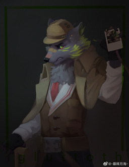 anthro black_bottomwear black_clothing black_nose black_pants black_sclera bottomwear brown_clothing brown_topwear brown_vest clothed clothing front_view fur glistening glistening_eyes green_body green_eyes green_fur grey_body grey_fur hat headgear headwear looking_at_viewer male narrowed_eyes pants pupils simple_background slit_pupils solo standing tan_clothing tan_hat tan_headwear tan_topwear topwear unsigned vest white_clothing white_topwear awaldkize canid mammal half-length_portrait hi_res portrait