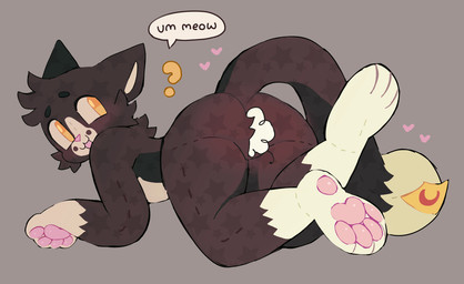 blush body_blush butt butt_blush cheek_tuft countershade_face countershading facial_tuft feet gloves_(marking) grey_background head_tuft heart_symbol hindpaw leg_markings looking_back lying markings meow on_front open_:3 pawpads paws pink_pawpads plush_stuffing plushie question_mark raised_tail reddened_butt simple_background socks_(marking) solo speech_bubble star_(marking) suggestive tail text tuft yellow_eyes catgenderzz animate_inanimate domestic_cat felid feline felis living_plushie mammal 2024 english_text hi_res