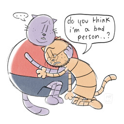 anthro bodily_fluids clothed clothing crying dialogue duo ellipsis eyewear frown fully_clothed fur glasses hug male overweight overweight_anthro overweight_male sad simple_background sitting tears text white_background ohmeowgerd dog_man_(series) big_jim_(dog_man) grampa_(dog_man) domestic_cat felid feline felis mammal 1:1 2025 english_text hi_res