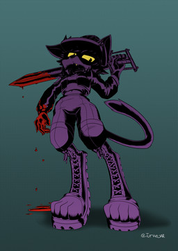 abstract_background anthro beret blood blood_drip bodily_fluids boots clothing complementary_colors contrast dramatic dramatic_pose dripping female footwear hard_shadows hat headgear headwear jacket long_tail melee_weapon oversized_clothing paws purple_body scissors shoes solo sword tail topwear weapon yellow_eyes turkojar mono_(gatonejo) domestic_cat felid feline felis mammal absurd_res halftone hi_res