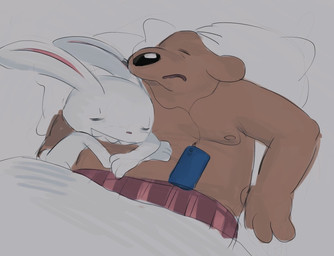 anthro big_nose brown_body brown_fur cellphone clothed clothing duo electronics fur listening_to_music long_ears male male/male phone sharp_teeth size_difference sleeping sleeping_on_another sleeping_on_partner sleeping_on_sleeping sleeping_together smartphone teeth topless under_covers white_body white_fur vestigialbones sam_and_max max_(sam_and_max) samuel_dog canid canine canis domestic_dog lagomorph leporid mammal rabbit hi_res