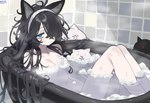 :3 accessory bathroom bathtub black_hair blue_eyes blush blush_lines breasts cleavage clothed clothing convenient_censorship female feral foam group hair hair_accessory hair_over_eye hairband in_bathtub inner_ear_fluff long_hair looking_at_viewer messy_hair navel open_mouth pupils shampoo slit_pupils small_face tuft wet ebora fate_(series) ponos_corp. the_battle_cats type-moon basic_cat crazed_cat_(the_battle_cats) kasli kasli_the_scourge killer_cat melusine_(fate) animal_humanoid felid felid_humanoid feline feline_humanoid humanoid mammal mammal_humanoid 2024 absurd_res digital_drawing_(artwork) digital_media_(artwork) hi_res