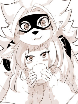 anthro blush blush_lines blush_stickers container cup drinking duo eyelashes female fluffy fluffy_chest hug hugging_another hugging_from_behind long_eyelashes mask mug smile mkz_kabeuchi bandai_namco digimon digimon_beatbreak reina_sakuya digimon_(species) human mammal wolvermon 3:4