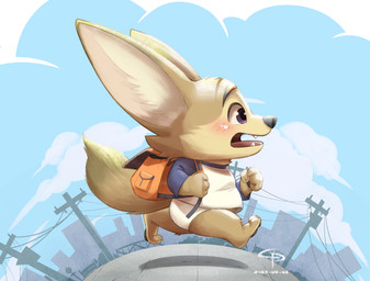 anthro backpack barefoot biped black_nose black_pawpads blush city claws clothing cloud feet humanoid_hands kemono male outside pawpads paws plantigrade running shirt slightly_chubby solo toes topwear underwear crustonpie canid canine fennec_fox fox mammal true_fox 2022 hi_res