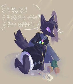 ambiguous_gender anthro backlighting bent_arm black_body black_fur black_inner_ear black_onesie black_tail block clean_diaper clothed clothing cloud_emanata crayon dialogue diaper diaper_puff diaper_under_clothing diaper_under_onesie emanata excited fur head_tuft kneeling light one_eye_obstructed onesie plushie purple_eyes simple_background solo tail talking_to_viewer tan_background text tuft wearing_diaper goatedout tunic_(video_game) the_librarian_(tunic) canid canine fox mammal 2025 character_cipher constructed_script hi_res lighting translated trunic_text