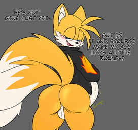 after_vore anthro asking asking_viewer balls belly big_belly blush bodily_noises bottomless butt clothed clothing dialogue digestion digestion_noises duo fangs genitals looking_back male male_pred name_drop name_in_dialogue oral_vore question rumbling_stomach same_size_vore solo_focus sound_effects talking_to_viewer teeth text vore vowelless vowelless_sound_effect yes-no_question foxynoms sega sonic_the_hedgehog_(series) miles_prower canid canine fox mammal english_text hi_res