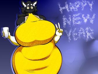 beverage big_breasts black_hair breasts clothing dress female hair happy holidays huge_breasts overweight slightly_chubby slightly_chubby_female smile solo sparkles sparkling_clothing text wide_hips yellow_eyes denizen1414 new_year cycilla african_wild_dog canid canine mammal english_text hi_res