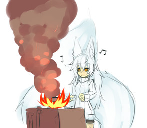 big_tail blue_pupils bottomwear breasts clothed clothing cooking doing_it_wrong female fire fluffy fluffy_hair fluffy_tail fully_clothed hair huge_tail hyper hyper_tail inner_ear_fluff long_hair looking_down musical_note musical_symbol orange_eyes pupils shitpost shorts simple_background smile smoke solo standing sweater symbol tail topwear tuft white_background white_clothing white_hair white_tail sub-res sub-tan animal_humanoid canid canid_humanoid canine canine_humanoid fox_humanoid humanoid mammal mammal_humanoid 2016 hi_res meme