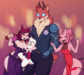 anthro belt blush breasts brown_body cleavage clothed clothing dress drunk embarrassed exposed_thighs female glowing glowing_eyes group holidays horn kiss_mark male medium_breasts substance_intoxication text topwear vest giidenuts new_year adler_(giidenuts) aiko_(giidenuts) carrie_(giidenuts) riley_(giidenuts) animal_humanoid avian bird deer demon demon_humanoid felid felid_humanoid horned_humanoid humanoid mammal mammal_humanoid new_world_deer reindeer english_text hi_res