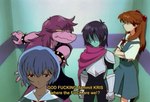 ambiguous_gender angry anthro dialogue elevator female group humor nervous profanity style_emulation text vintage centinel303 deltarune kris_where_are_we neon_genesis_evangelion undertale_(series) asuka_langley_soryu kris_(deltarune) rei_ayanami susie_(deltarune) human lizard mammal reptile scalie 2021 english_text meme