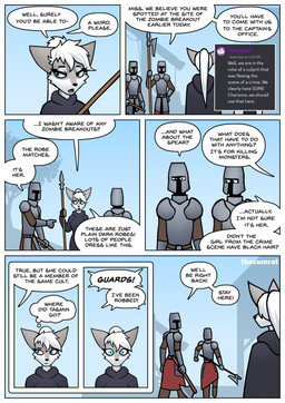 anthro armor axe blue_eyes border clothed clothed_anthro clothed_female clothing dark_clothing detailed_background dialogue fantasy female fur grey_body grey_fur guard hair halberd long_hair looking_at_another melee_weapon outside polearm robe spear speech_bubble text weapon white_body white_border white_fur white_hair thecumrat sylvia_(thecumrat) canid canine fox human mammal absurd_res comic english_text hi_res story