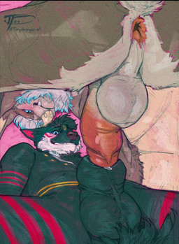 all_fours animal_genitalia animal_penis anthro anus armlet_(marking) balls bat_nose blue_eyes blue_highlights blush blush_stickers chiropteran_penis countershading duo facial_markings fangs forehead_markings genitals hair head_markings highlights_(coloring) imminent_sex looking_at_penetration lying male male/male markings multi_nipple narrowed_eyebrows nipples nude on_back penis penis_in_sheath pink_inner_ear pink_markings precum_in_sheath puffy_sheath purple_nose spread_legs spreading teeth white_body white_countershading white_hair yellow_markings yellow_nipples yellow_nose eyrich bat canid canine fennec_fox fox mammal megabat true_fox hi_res signature