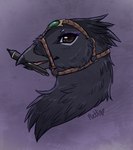 anthro beak black_body black_feathers brown_eyes eyebrows eyelashes eyeshadow feathers female halter makeup purple_eyeshadow simple_background solo tablet_pen tablet_pen_in_mouth conditional_dnp puddingpaw avian bird corvid corvus_(genus) crow oscine passerine 2024 digital_media_(artwork) signature