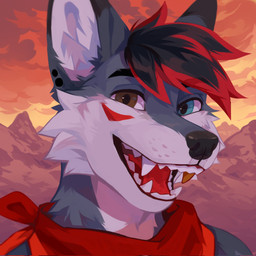 anthro black_hair black_nose blue_eyes brown_eyes cheek_tuft cloud detailed_background ear_piercing ear_stud facial_markings facial_tuft fangs fur fur_markings glistening glistening_eyes grey_body grey_fur hair happy head_markings heterochromia kerchief looking_at_viewer male markings mountain multicolored_hair neckerchief neckwear open_mouth open_smile outside piercing red_hair red_kerchief red_markings red_neckerchief red_tongue smile solo stud_piercing teeth tongue tuft two_tone_hair unsigned white_body white_fur corzh77 canid mammal 1:1 bust_portrait detailed hi_res icon portrait