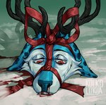 anthro blood bodily_fluids death death_focus decapitation gift gore macabre male ribbons snow solo kolkolukija kiba_(kibanashote) deer mammal hi_res