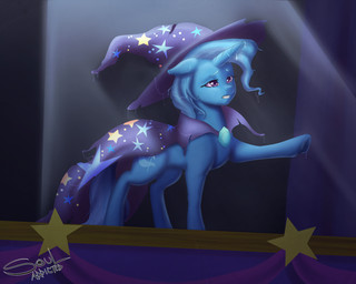 bodily_fluids cape clothed clothing female feral hair hat headgear headwear hooves horn saliva solo spotlight stage torn_clothing souladdicted friendship_is_magic hasbro my_little_pony mythology trixie_(mlp) equid equine mammal mythological_creature mythological_equine unicorn 2016 5:4 hi_res