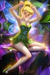 blonde_hair blue_eyes breasts cleavage clothed clothing dress female footwear green_clothing green_dress green_footwear green_shoes hair hair_bun insect_wings leaf_clothing looking_at_viewer not_furry shoes solo tied_hair wings ayyasap disney peter_pan tinker_bell_(disney) fairy humanoid 2:3