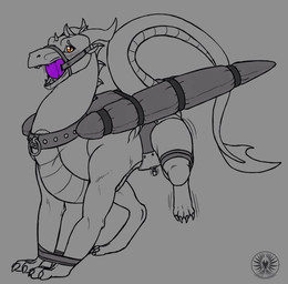 ambiguous_gender ball_gag bdsm blush bodily_fluids bondage bound chastity_belt chastity_device collar drooling feral gag gagged halter harness harness_ball_gag harness_gag horn lock muzzle_(object) muzzled padlock rope saliva shaking solo submissive submissive_ambiguous tail wings_tied unknown_artist mythology dragon mythological_creature mythological_scalie reptile scalie greyscale monochrome