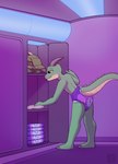 anthro biped claws clothed clothing diaper diaper_only green_body grey_claws grey_horn horn inside leaning leaning_forward locker male multicolored_diaper pink_diaper purple_diaper solo standing topless wearing_diaper white_diaper yellow_body yellow_sclera riddlr halo_(series) microsoft xbox_game_studios scalie cel_shading digital_media_(artwork) hi_res shaded signature