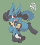 2019 absurd_res ambiguous_gender angry_eyes anthro black_body black_fur blue_body blue_fur fangs fur generation_4_pokemon hi_res lucario nintendo nyaswitchnya open_mouth pokemon pokemon_(species) red_eyes simple_background solo spikes spikes_(anatomy) tail teeth