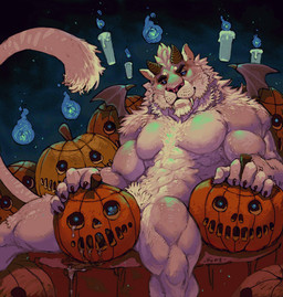 5_fingers ambiguous_gender ambiguous_penetrated anthro barely_visible_genitalia barely_visible_penis biceps blue_eyes blue_fire bodily_fluids candle claws colored_fire cum cum_drip cum_in_pumpkin dripping fangs fingers fire food food_fetish fruit fur genital_fluids genitals glowing glowing_eyes group horn jack-o'-lantern kitsunebi looking_at_viewer male male/ambiguous male_penetrating male_penetrating_ambiguous muscular muscular_anthro muscular_male nude pecs penetrating_pumpkin penetration penis plant pumpkin reclining sabertooth_(anatomy) sex teeth whiskers white_body white_fur wings pockyrumz elemental_creature felid flora_fauna food_creature ghost living_fruit mammal pantherine spirit absurd_res hi_res